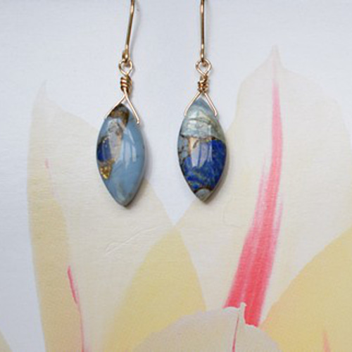 14kgf ブルー オパール ラピスラズリ コッパー マーキス ピアス 天然石