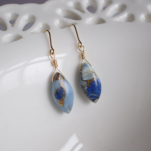 14kgf ブルー オパール ラピスラズリ コッパー マーキス ピアス 天然石