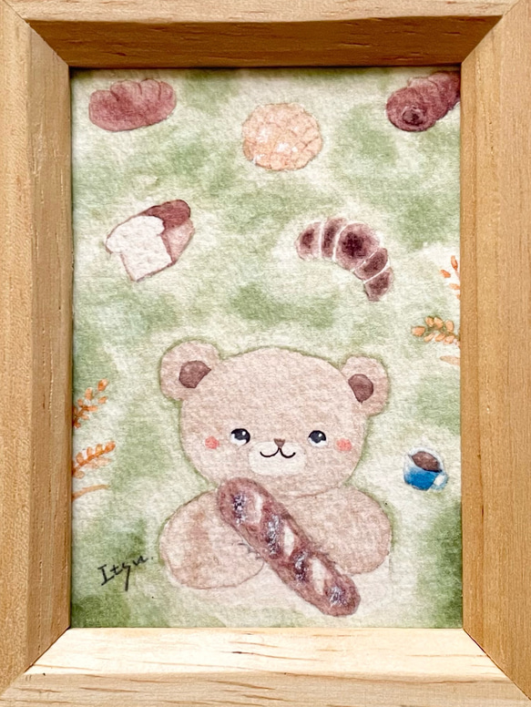 透明水彩画「パン大好きクマちゃん」北欧イラスト　ミニ額　くま　プチギフト  母の日　母の日ギフト　父の日ギフト　食パン　 4枚目の画像