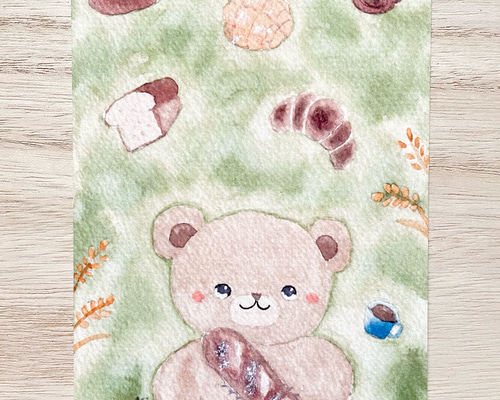 透明水彩画 ポストカード3枚セット「パン大好きクマちゃん」北欧