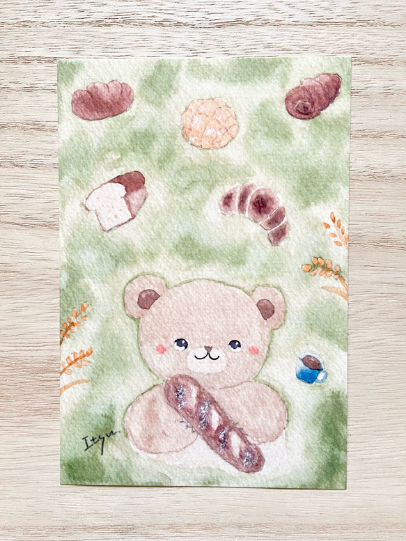 透明水彩画 ポストカード3枚セット「パン大好きクマちゃん」北欧イラスト　バースデーカード　母の日　父の日　くま 1枚目の画像