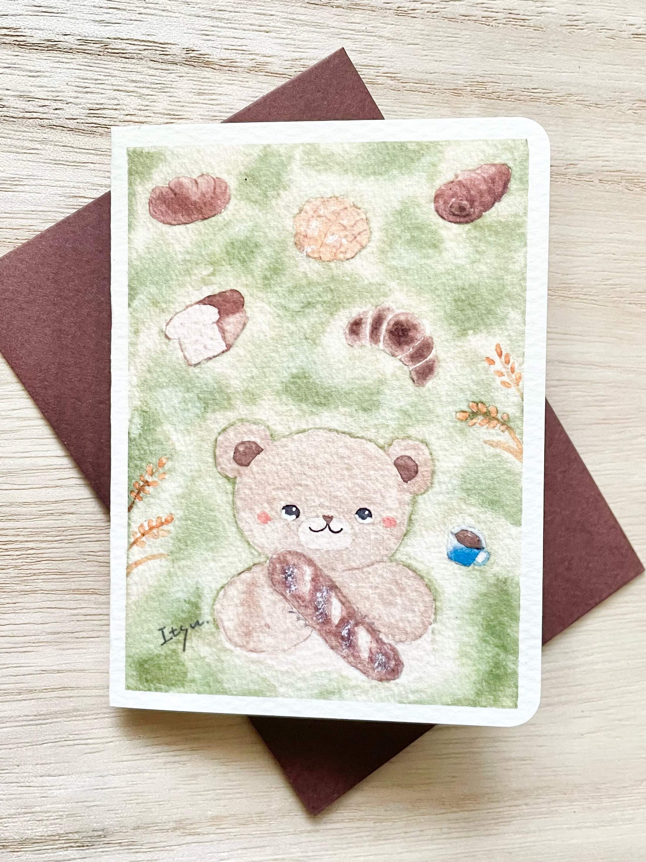 透明水彩画 ミニカード2枚セット「パン大好きクマちゃん」北欧