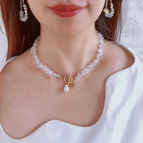 水晶×淡水サザレパールネックレス 大人アクセサリー ステンレス 金属 