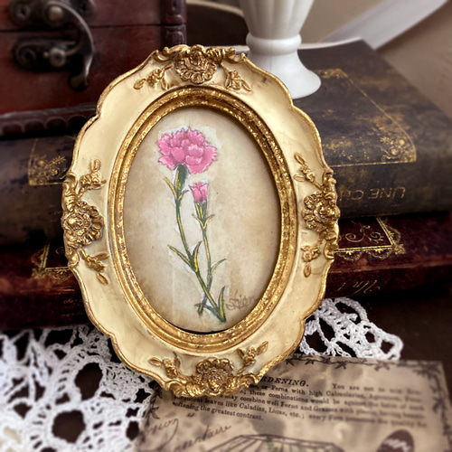 激安人気新品 カーネーションの小さな絵 アンティーク 原画 花 /母の日 ピンク 絵画