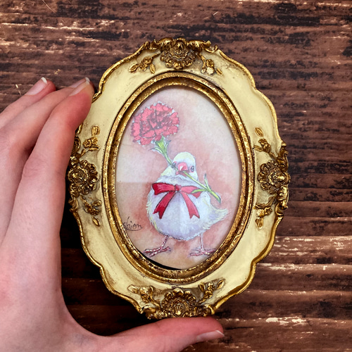 【絵画作品】カーネーション【額付き】 カーネーションと白文鳥-A /母の日 鳥 原画 アンティーク