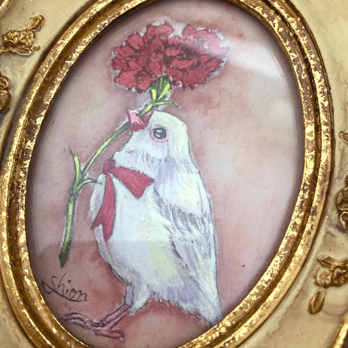 カーネーションと白文鳥-B /母の日 鳥 原画 アンティーク