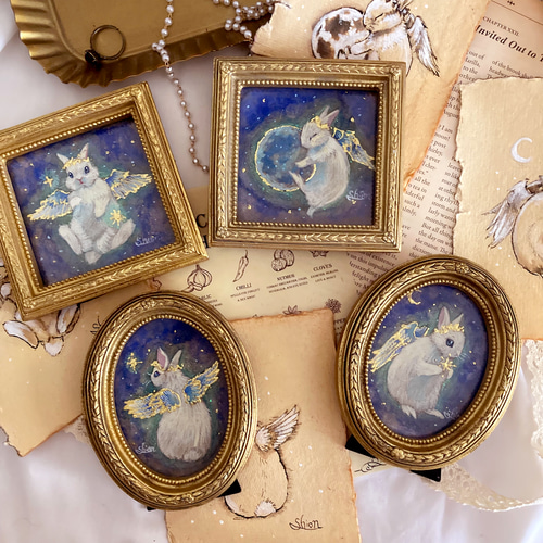 うさぎの天使さん-『つかまえた！』 /星 月 原画 アンティーク