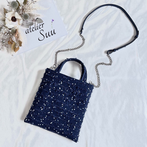 2way ツイード トートバッグ ミニ ネイビー ドット ポシェット 斜