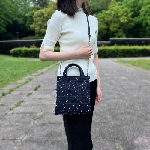 2way ツイード トートバッグ ミニ ネイビー ドット ポシェット 斜