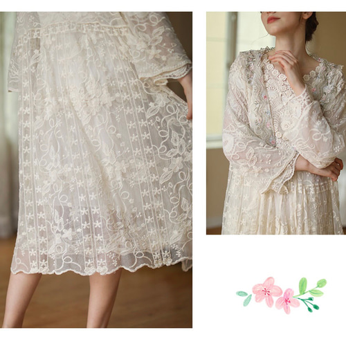 上品に透ける贅沢刺繡生地と花びらレース ロングカーディガン【秋春夏
