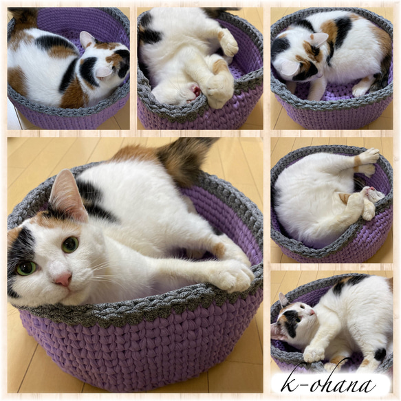 猫ベッド☆猫カゴ Tシャツヤーンで手編み 犬カゴ☆ペットベッド【Lサイズ】NO,358 5枚目の画像