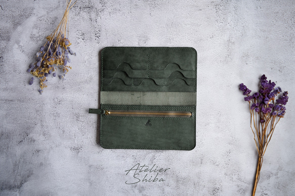 薄型長財布 本革 ｲﾀﾘｱﾝﾚｻﾞｰ MossGreen モスグリーン 長財布 ATELIER