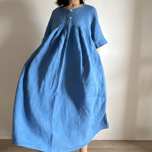 日本未入荷【Aakasha ウエストギャザー バイカラーワンピース】 セール】ウエストギャザーシャツワンピース（ワンピース