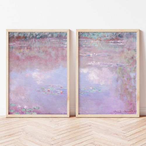 モネ睡蓮 油絵フレームローズゴールド名画インテリア古物ピンク