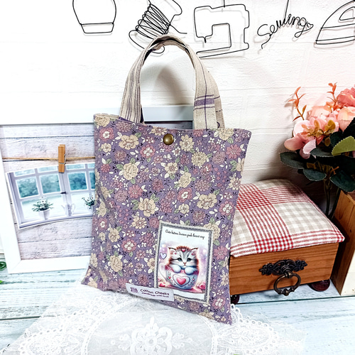 SALE＊にゃんこ♡綿麻ミニトートバッグ ライトパープル ローズガーデン 