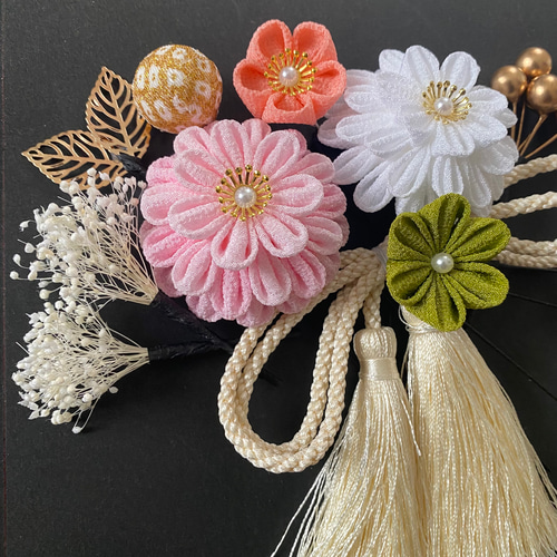 つまみ細工の髪飾り 桜色×白 七五三髪飾り 卒業式髪飾り 成人式髪飾り
