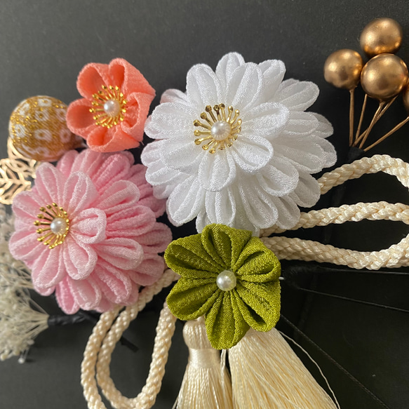 つまみ細工の髪飾り　桜色×白　七五三髪飾り　卒業式髪飾り　成人式髪飾り　結婚式髪飾り　色打掛　和玉　ピンク　成人式用 6枚目の画像