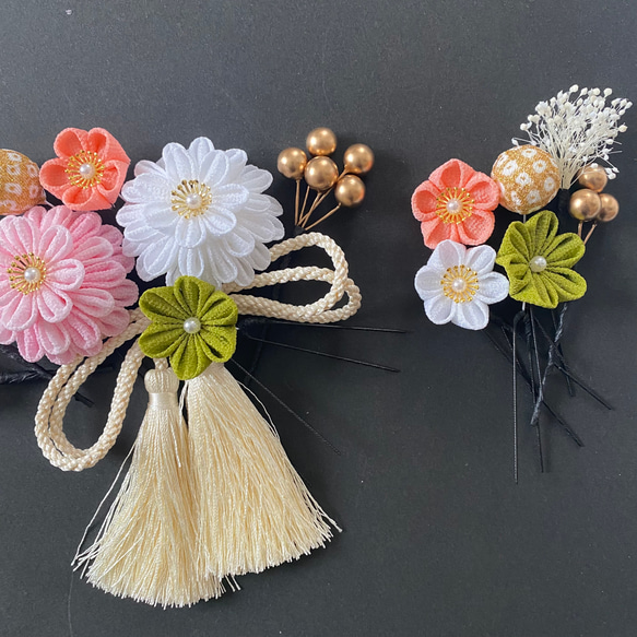 つまみ細工の髪飾り　桜色×白　七五三髪飾り　卒業式髪飾り　成人式髪飾り　結婚式髪飾り　色打掛　和玉　ピンク　成人式用 5枚目の画像