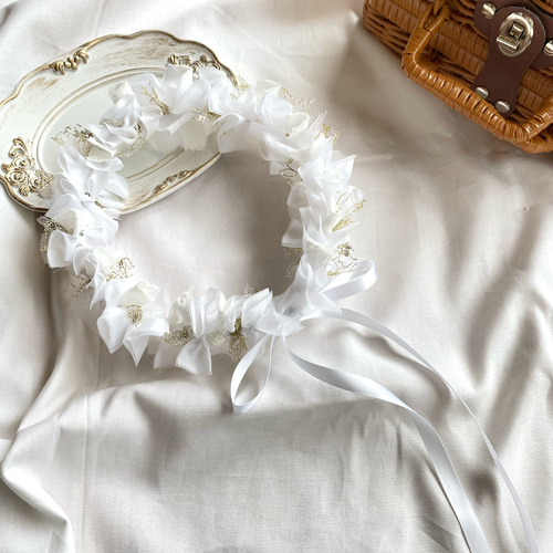 New.:* ＊ white × gold ＊ リボンクラウン 花かんむり ベビークラウン 