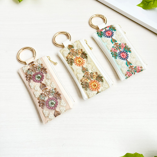 インド刺繍リボン　ミニポーチ　ハンドメイド一覧 10cm】《インド刺繍リボン》小さな彩りポーチ［黎明の金糸