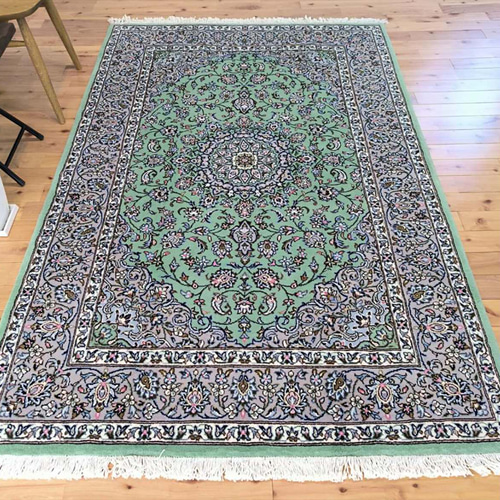 展示品　手織カシャーンペルシャ絨毯　エメラルドグリーン　イラン産200×100 ペルシャ絨毯 カシャーン産 ライトグリーン エメラルドグリーン