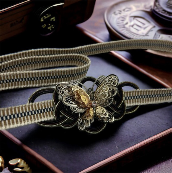 帯留め 布製紐 3937真田紐＆立体蝶々帯留め 水引細工 帯締め 和装小物 帯留め