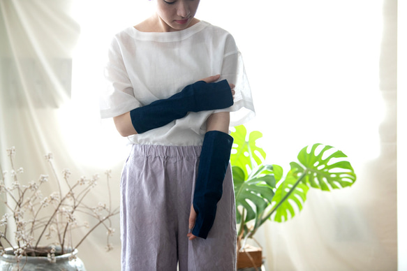 [靛藍/柳編織布料] 遮陽臂套 有機棉 第3張的照片