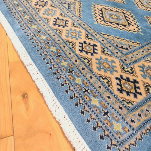 パキスタン絨毯 ラグ 183x126cm 軽くて畳める手織りラグ ライトブルー