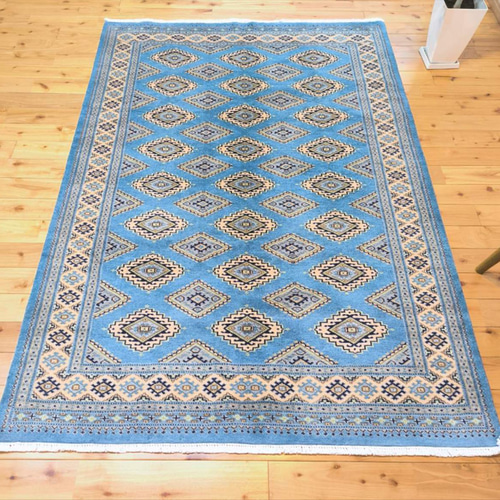 パキスタン絨毯 ラグ 183x126cm 軽くて畳める手織りラグ ライトブルー