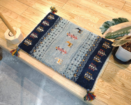 ペルシャ　アマレバフト　ミニマット　円形　40×40　藍色　馬　生命の木 ペルシャ アマレバフト ミニマット 円形 40×40 藍色 馬 生命の木