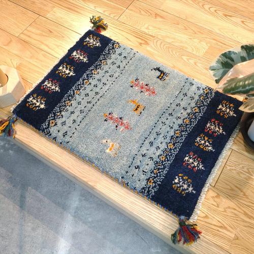 新規入荷】ペルシャ ギャッベ 玄関マット小 60.5×40 水色 藍色