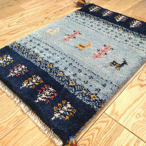 新規入荷】ペルシャ ギャッベ 玄関マット小 60.5×40 水色 藍色