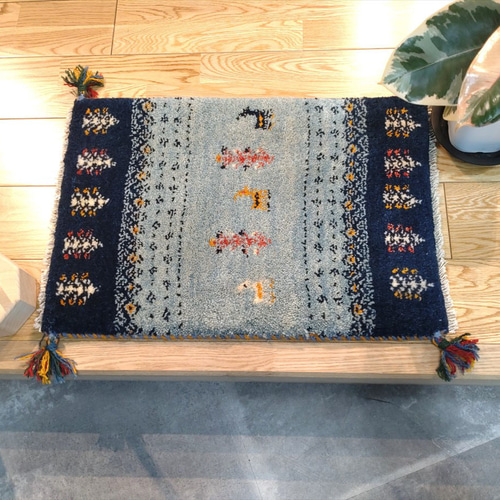 新規入荷】ペルシャ ギャッベ 玄関マット小 60.5×40 水色 藍色