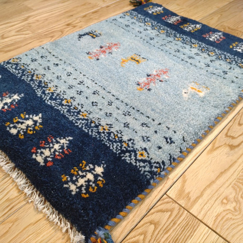新規入荷】ペルシャ ギャッベ 玄関マット小 60.5×40 水色 藍色