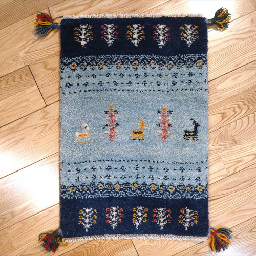 新規入荷】ペルシャ ギャッベ 玄関マット小 60.5×40 水色 藍色