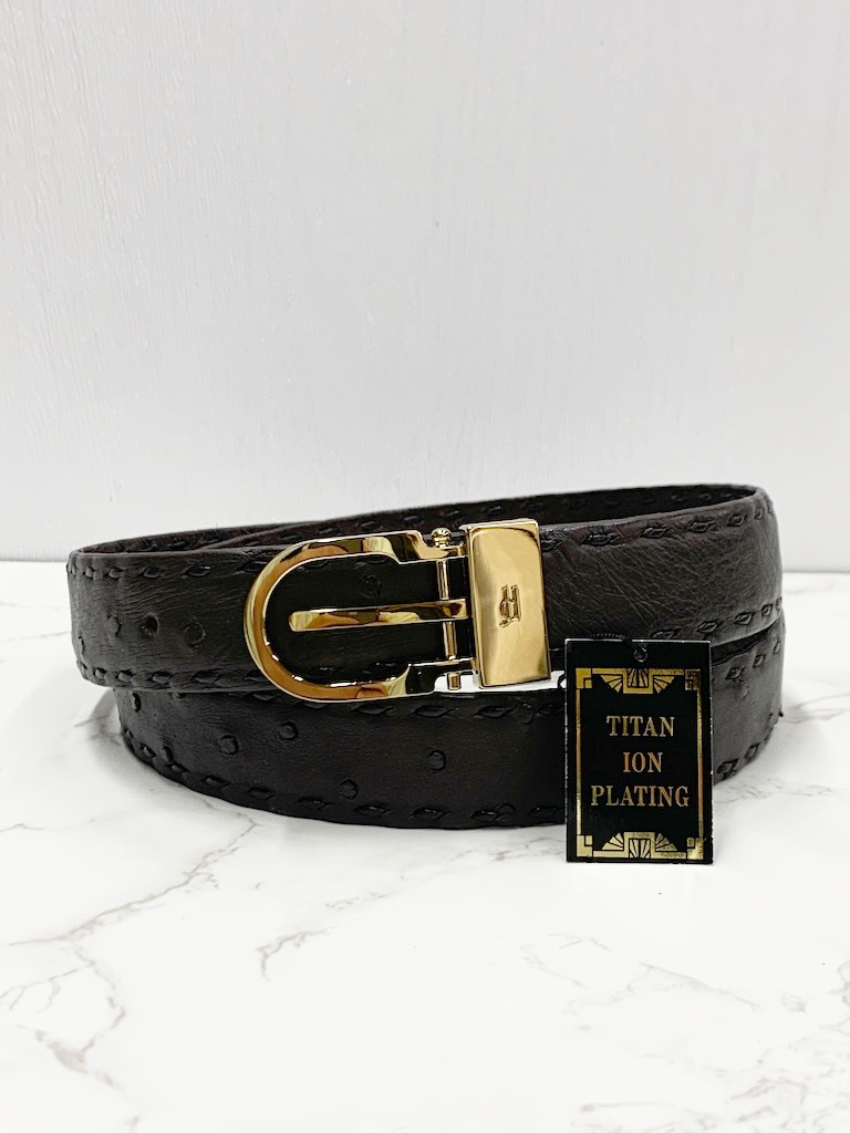 日本製　オーストリッチ　手縫い　無双　チタンメッキ金具製　３０㎜巾　上質　ベルト　エキゾチックレザー