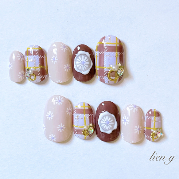 チェック柄ネイル シーリングスタンプ風ネイル パープル系 ネイル