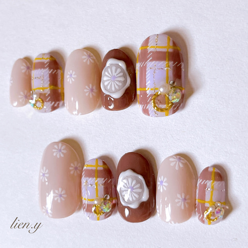 チェック柄ネイル シーリングスタンプ風ネイル パープル系 ネイル