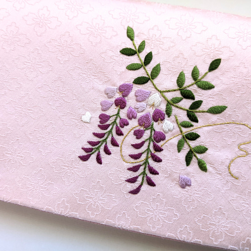 藤の花の日本刺繍 絹の袱紗（ふくさ）慶事用 桜色×紫色 ご祝儀袋・袱紗