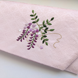 藤の花の日本刺繍 絹の袱紗（ふくさ）慶事用 桜色×紫色 ご祝儀袋・袱紗