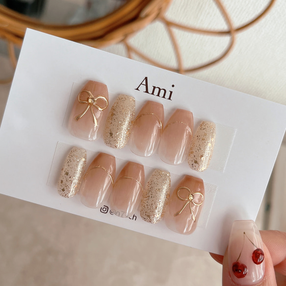 マグネットネイル リボン ミラー フレンチ ネイルチップ