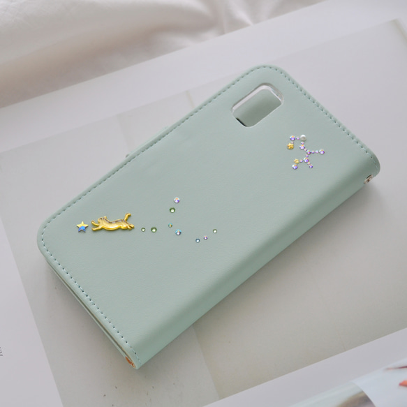 猫が戯れる手帳型スマホケース『♡Jewelry Box♡』 mintgreen　珍しい機種もOK 4枚目の画像