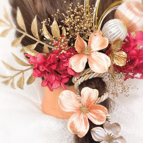 ゴールド髪飾り 赤 レッド 成人式髪飾り 結婚式 卒業式髪飾り 水引