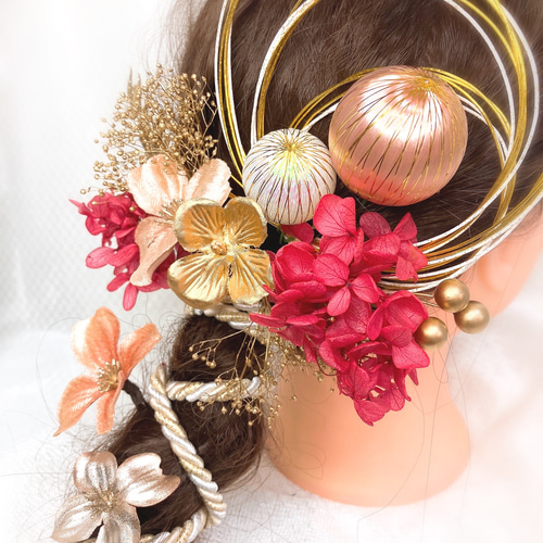 ゴールド髪飾り 赤 レッド 成人式髪飾り 結婚式 卒業式髪飾り 水引  