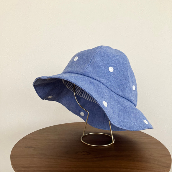 ブルーデニムカラーのセーラーハット　こどもサイズ（ベビー＆キッズの帽子）夏の紫外線や熱中症対策にも　※くま耳に変更可能 11枚目の画像