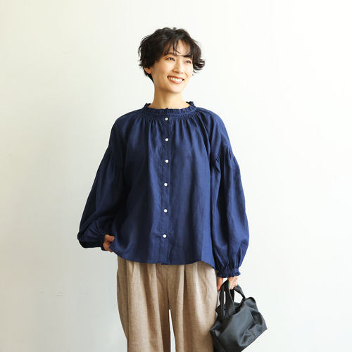 【人気】オーシバル　リネン100% リネンボーダーブラウス　ネイビー　麻　上品 人気】オーシバル リネン100% リネンボーダーブラウス ネイビー