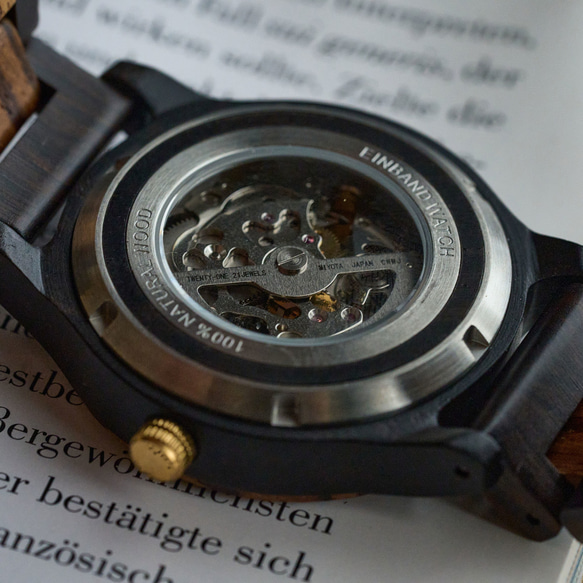 【木製腕時計】EINBAND Frieden ブルーサンドストーン×ゼブラウッド＆エボニー 自動巻き木製腕時計 40mm 13枚目の画像