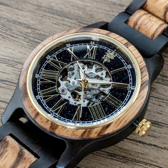 【木製腕時計】EINBAND Frieden ブルーサンドストーン×ゼブラウッド＆エボニー 自動巻き木製腕時計 40mm 10枚目の画像