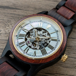 【木製腕時計】EINBAND Frieden マザーオブパール×レッドサンダルウッド＆エボニーウッド 自動巻き 40mm 9枚目の画像