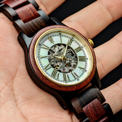 【木製腕時計】EINBAND Frieden マザーオブパール×レッドサンダルウッド＆エボニーウッド 自動巻き 40mm 3枚目の画像